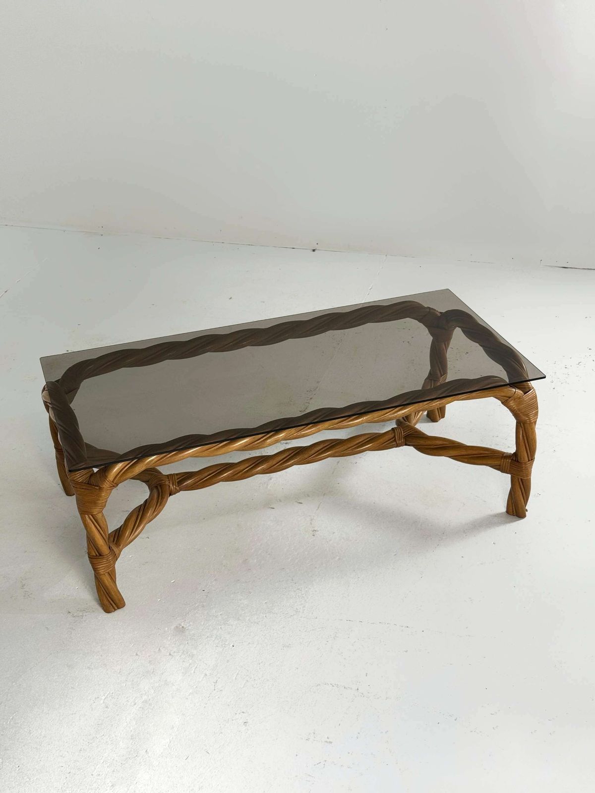 Big Curled Rattan Coffeetable With Smoked Glass Top photo buy
