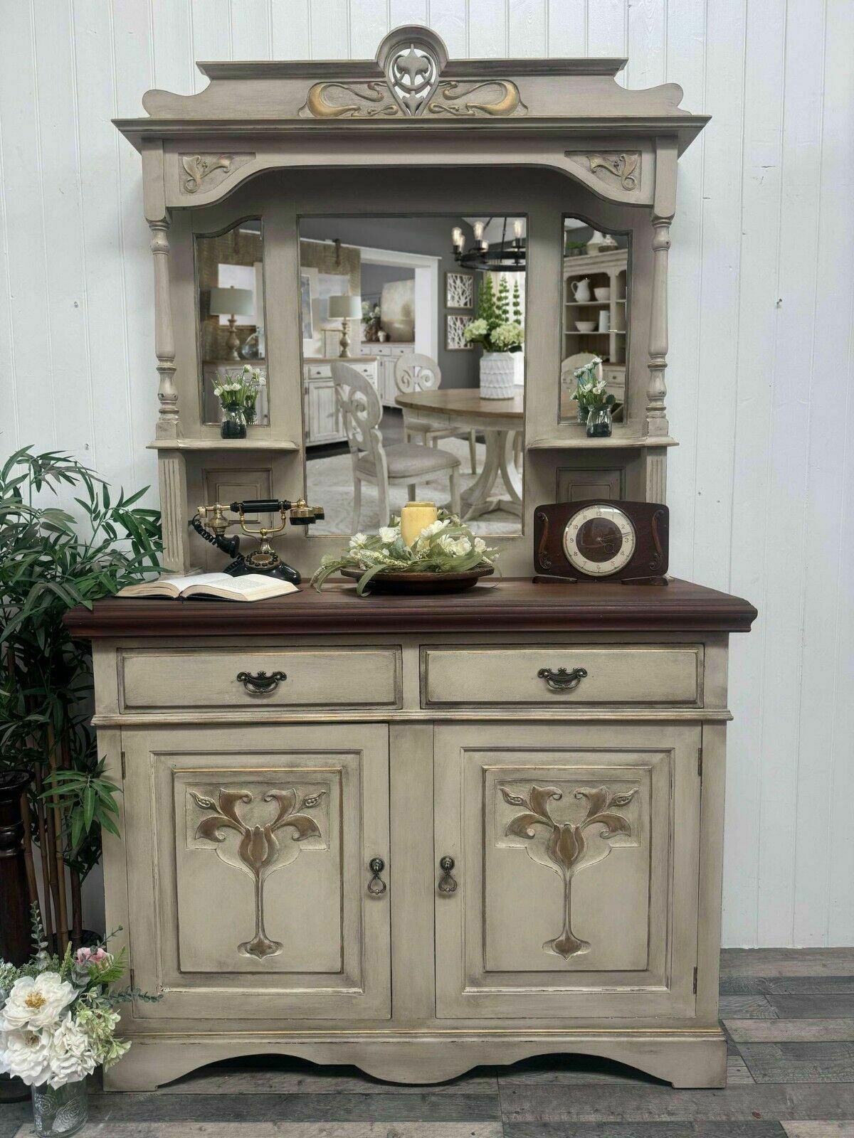 Vintage Shabby Aged/Distressed Sideboard/Chiffonier Cabinet/Dresser With Mirror