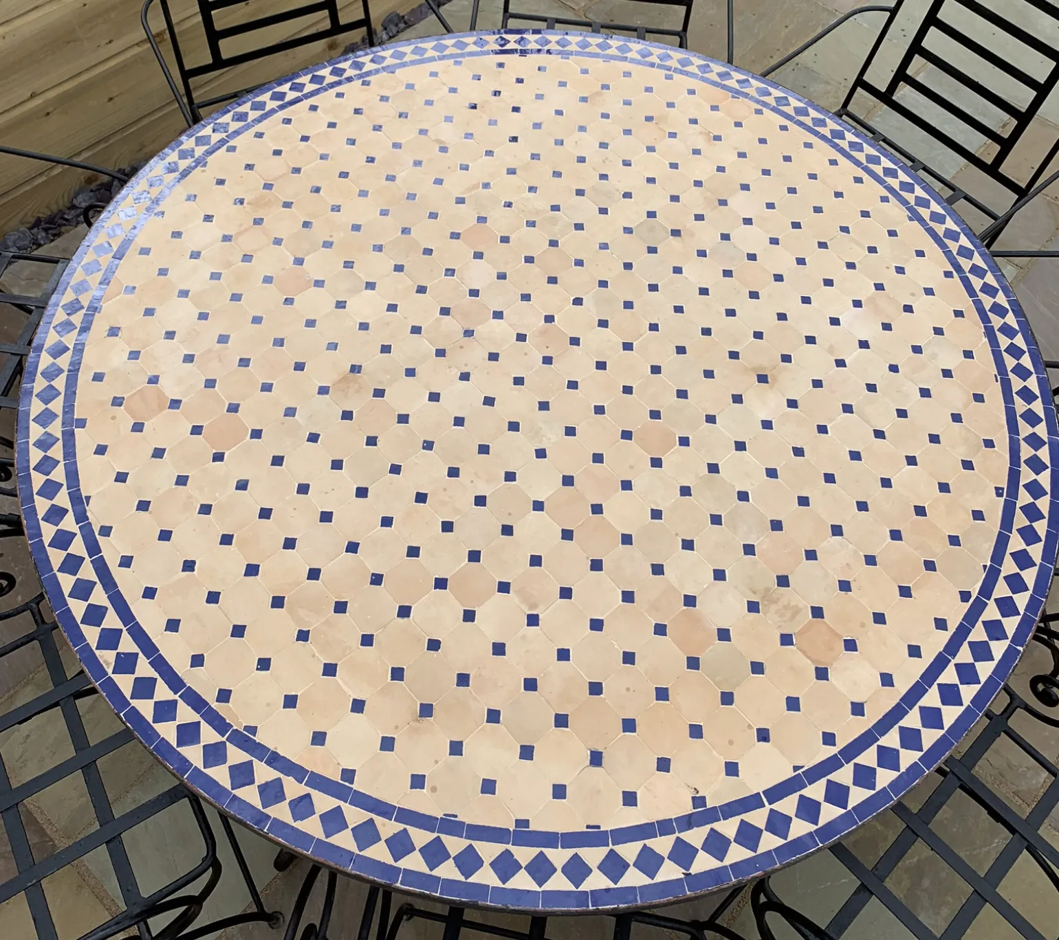 Tavole Calde 140cm Diam. Blue And Natural Mosaic Tiled Table, Iron Base, 2 Products. New But Unused Old Stock photo Garden Furniture