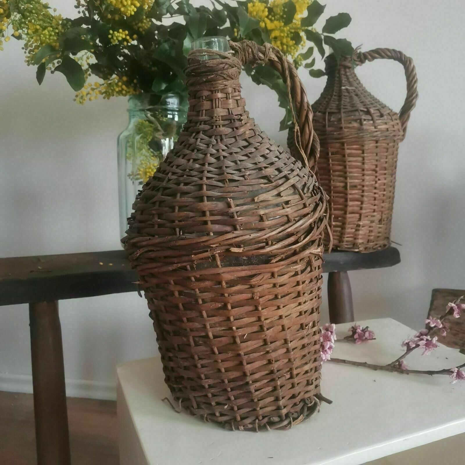 Set Of 3 Weaved Wicker Wine Bottles Demijohn Antique Carboy, Hand Made. photo Home Decor