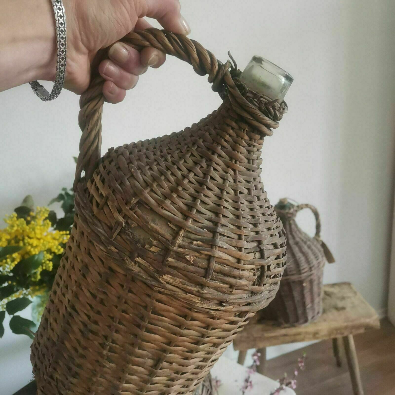 Set Of 3 Weaved Wicker Wine Bottles Demijohn Antique Carboy, Hand Made. photo vintage