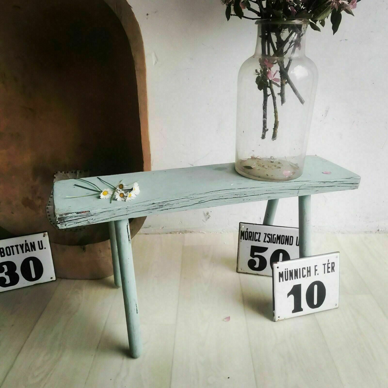 Antique Rustic Hand Carved Wooden Bench Or Small Table, Chippy French Paint Wood