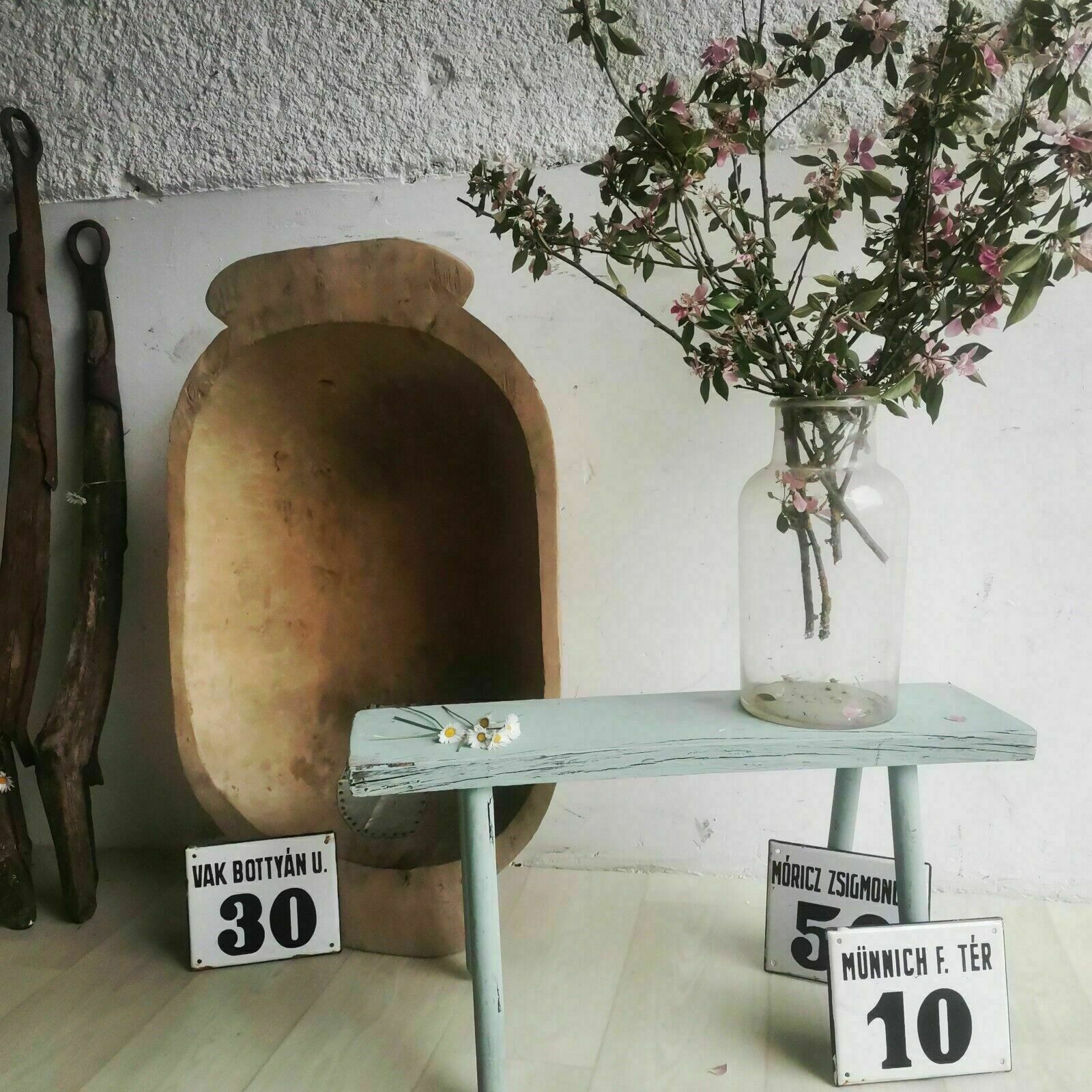 Antique Rustic Hand Carved Wooden Bench Or Small Table, Chippy French Paint Wood photo furniture
