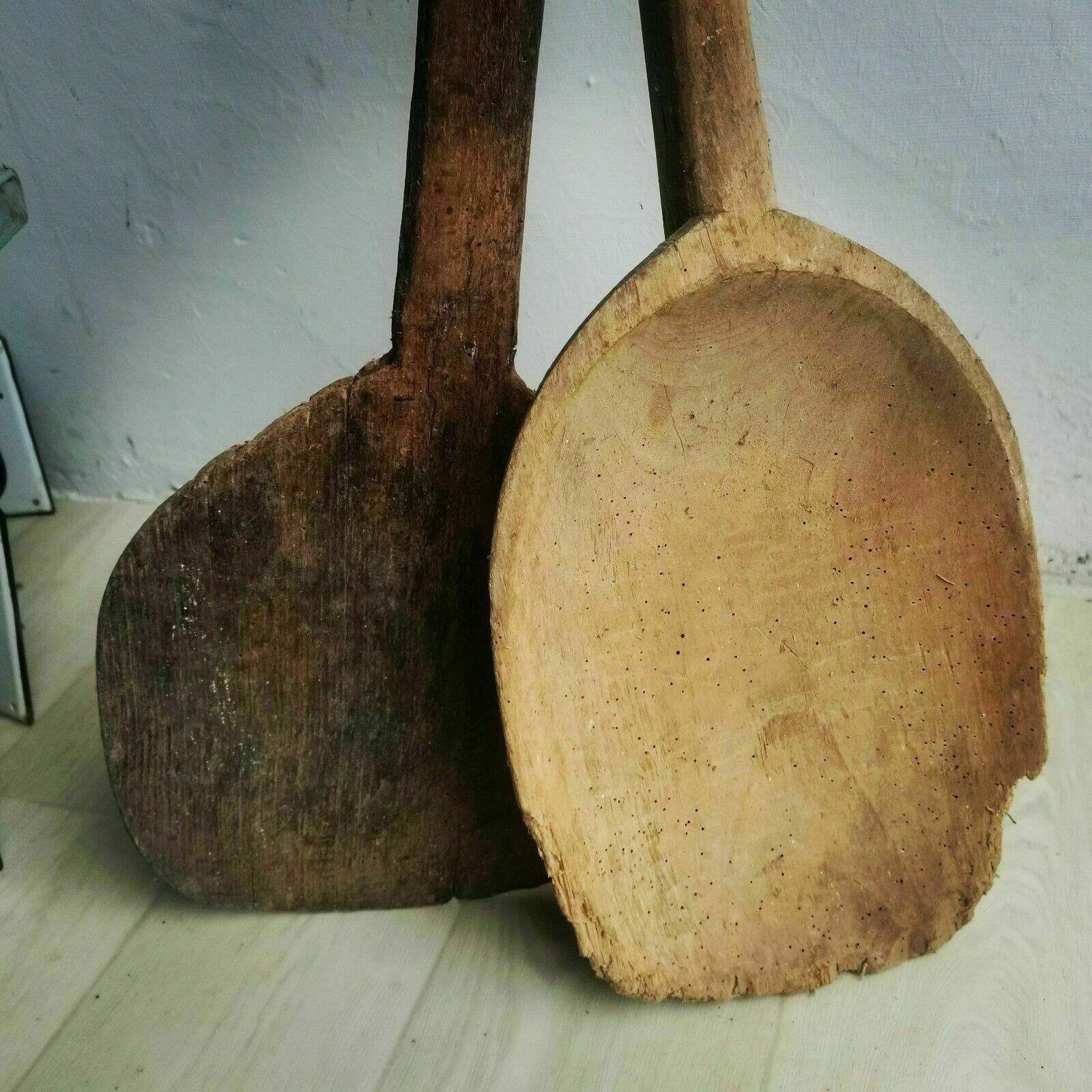 Set Of 2 Wooden Pizza Paddle And Dough Scoop Paddle Antique 1900s. Rustic Decor photo for sale