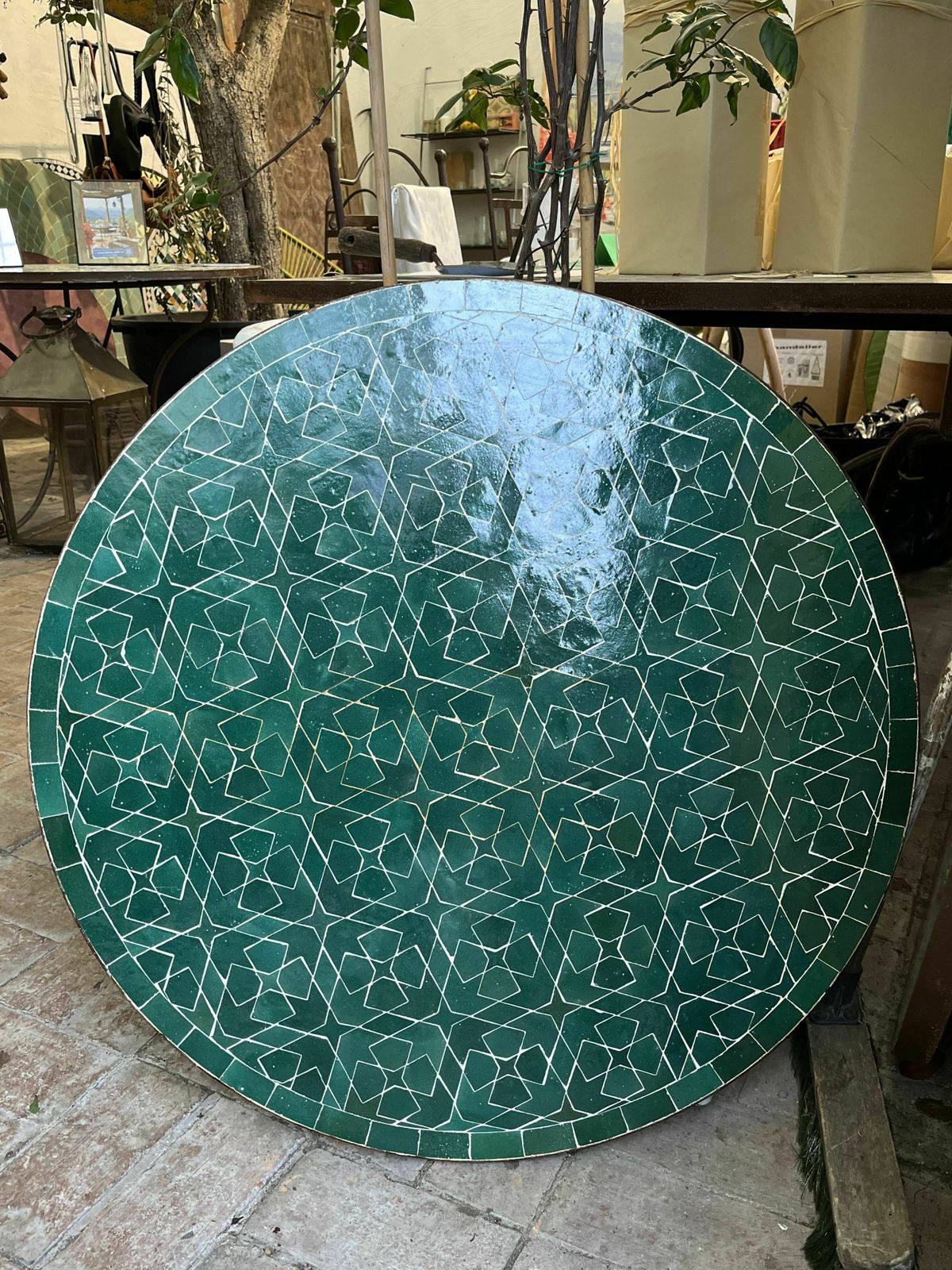Tavole Calde 80cm Diam Handcrafted Moroccan Mosaic  Table Matrix Green  With Iron Base And 2 Maintenance Products. New But Unused Old Stock photo furniture