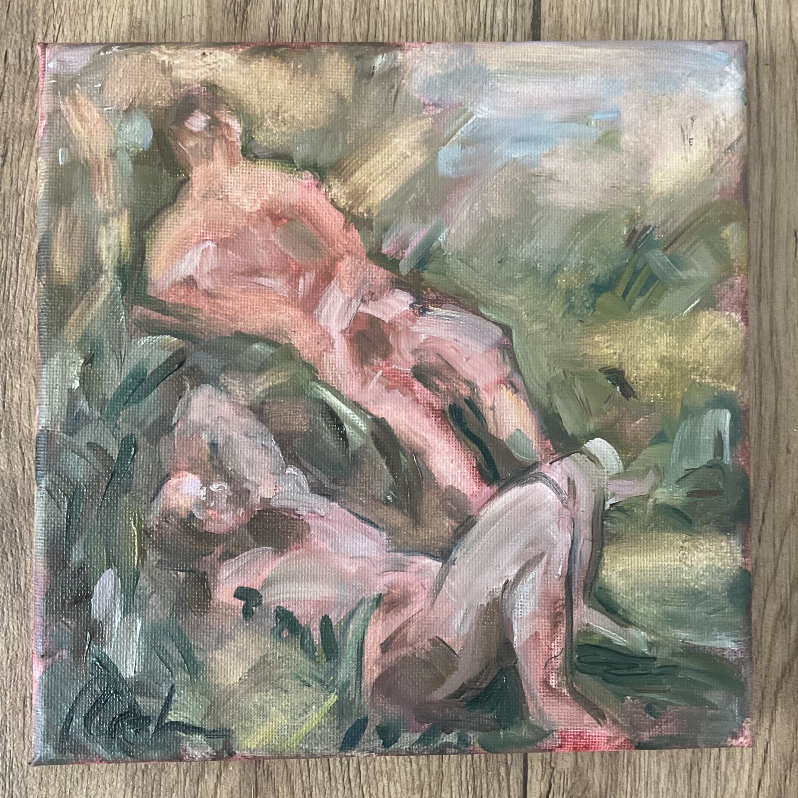 Original Oil Painting Bathers Natural Landscape Nudes Signed Roth 8 X 8 Inches photo Art