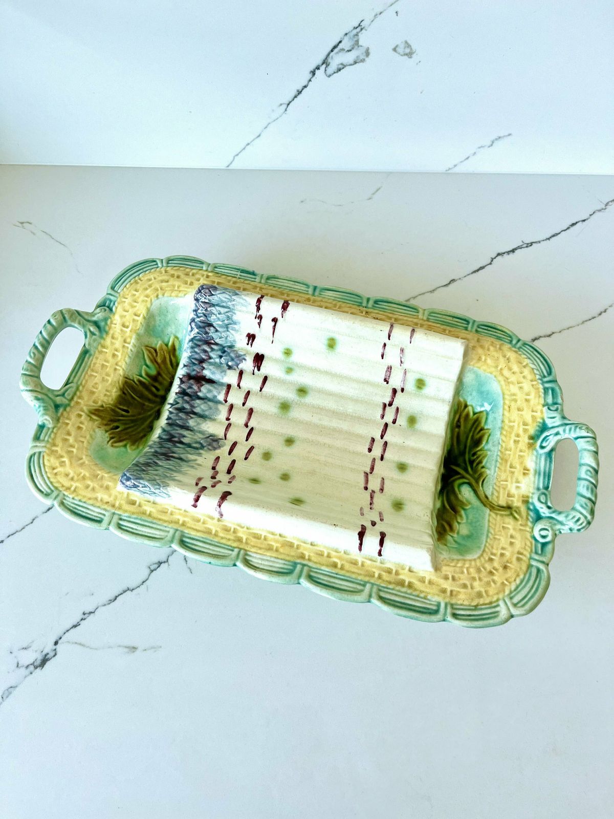 Antique French Majolica Ceramic Asparagus Serving Dish/Wall Art photo for sale