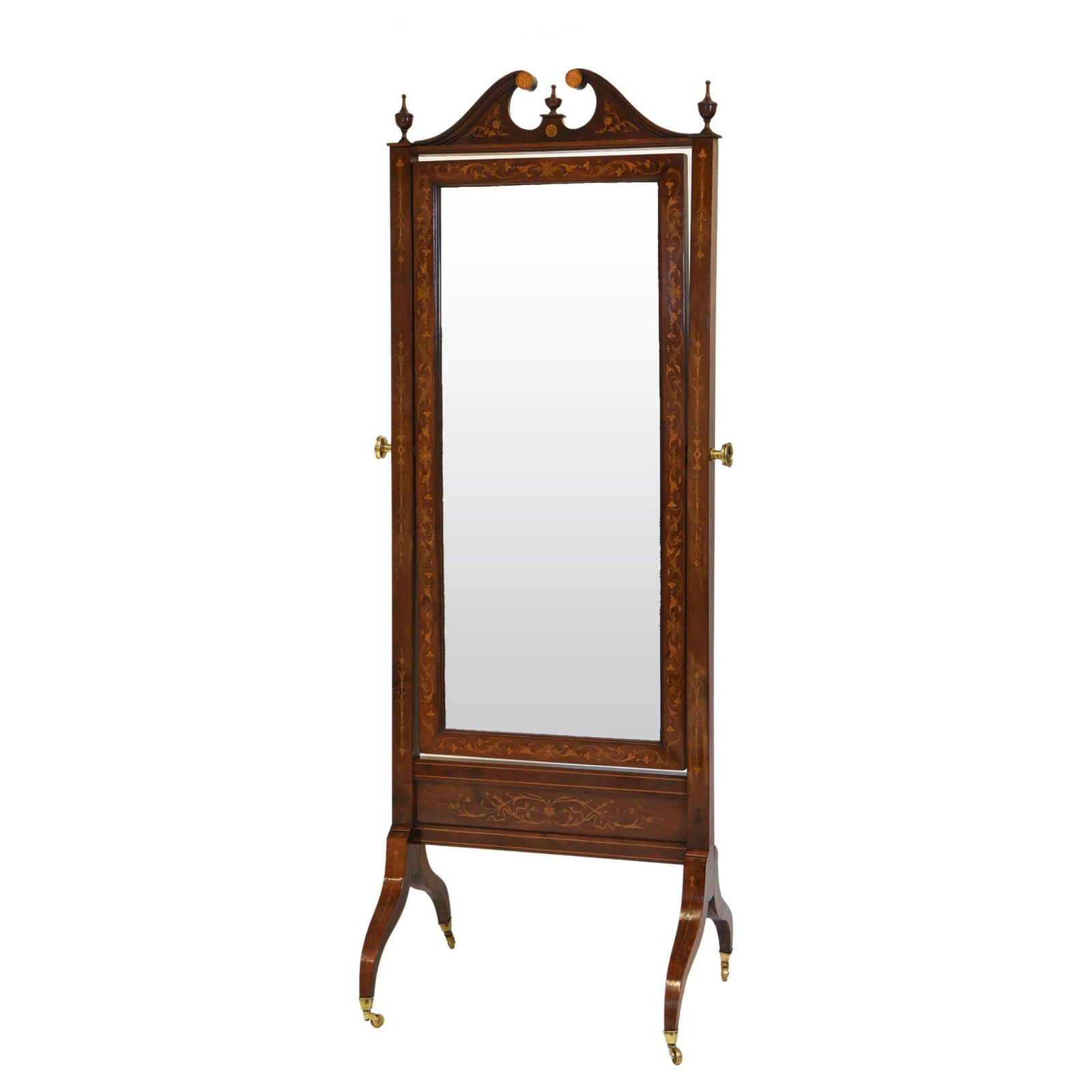Antique Sheraton Revival Inlaid Cheval Floor Mirror Circa 1900