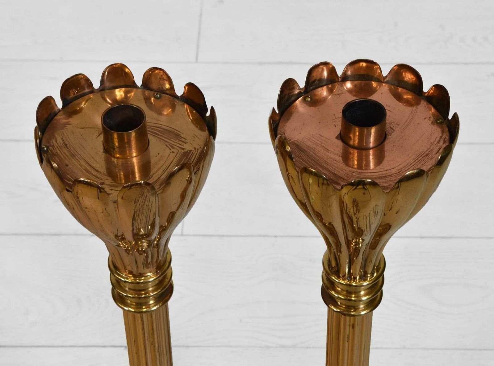 Pair Of Brass Floor Standing Candle Stands With Flared Scalloped Uppers B photo furniture