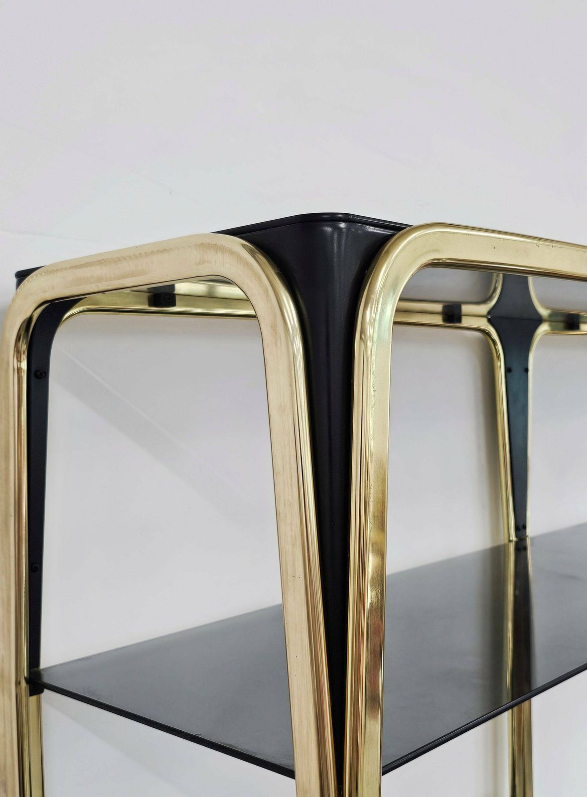 Hollywood Regency Black Lacquered Shelving Or Wall Unit With A Bar And A Cabinet // Made In Italy In 1980s photo 8000.0