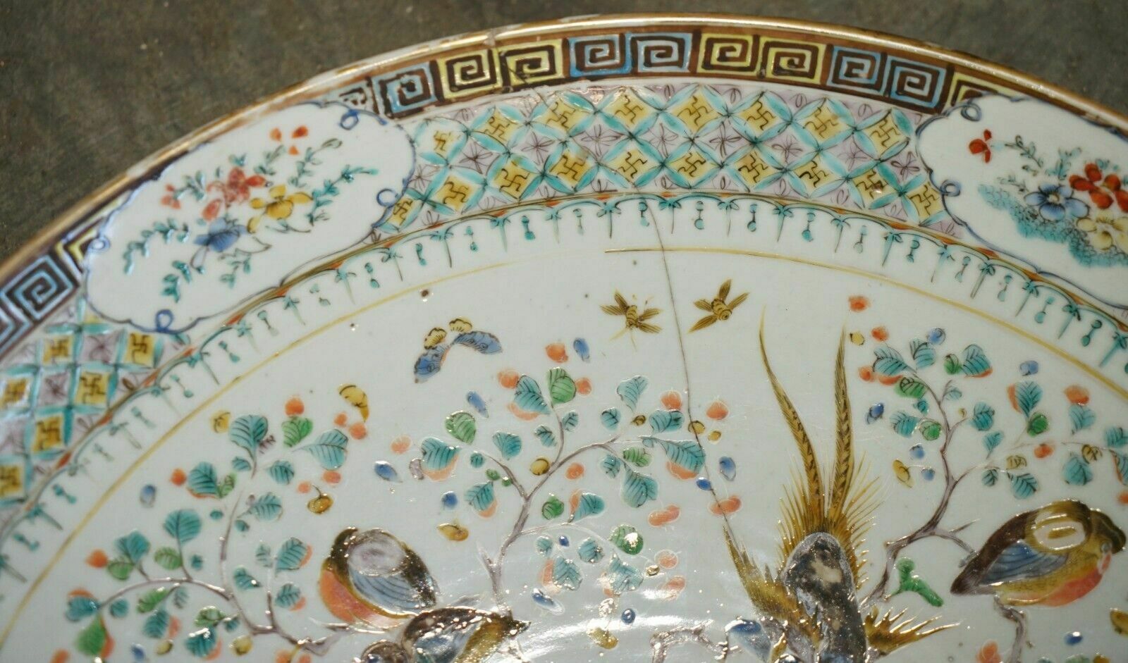 Antique Repaired 18th Century Chinese Famille Verte Porcelain Charger Plate photo vintage
