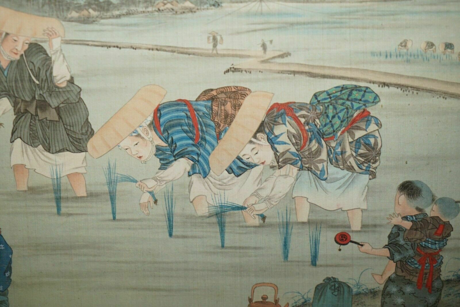Antique Japanese Cir 1920's Woodblock Triptych Watercolour Print Of Rice Pickers photo vinterior
