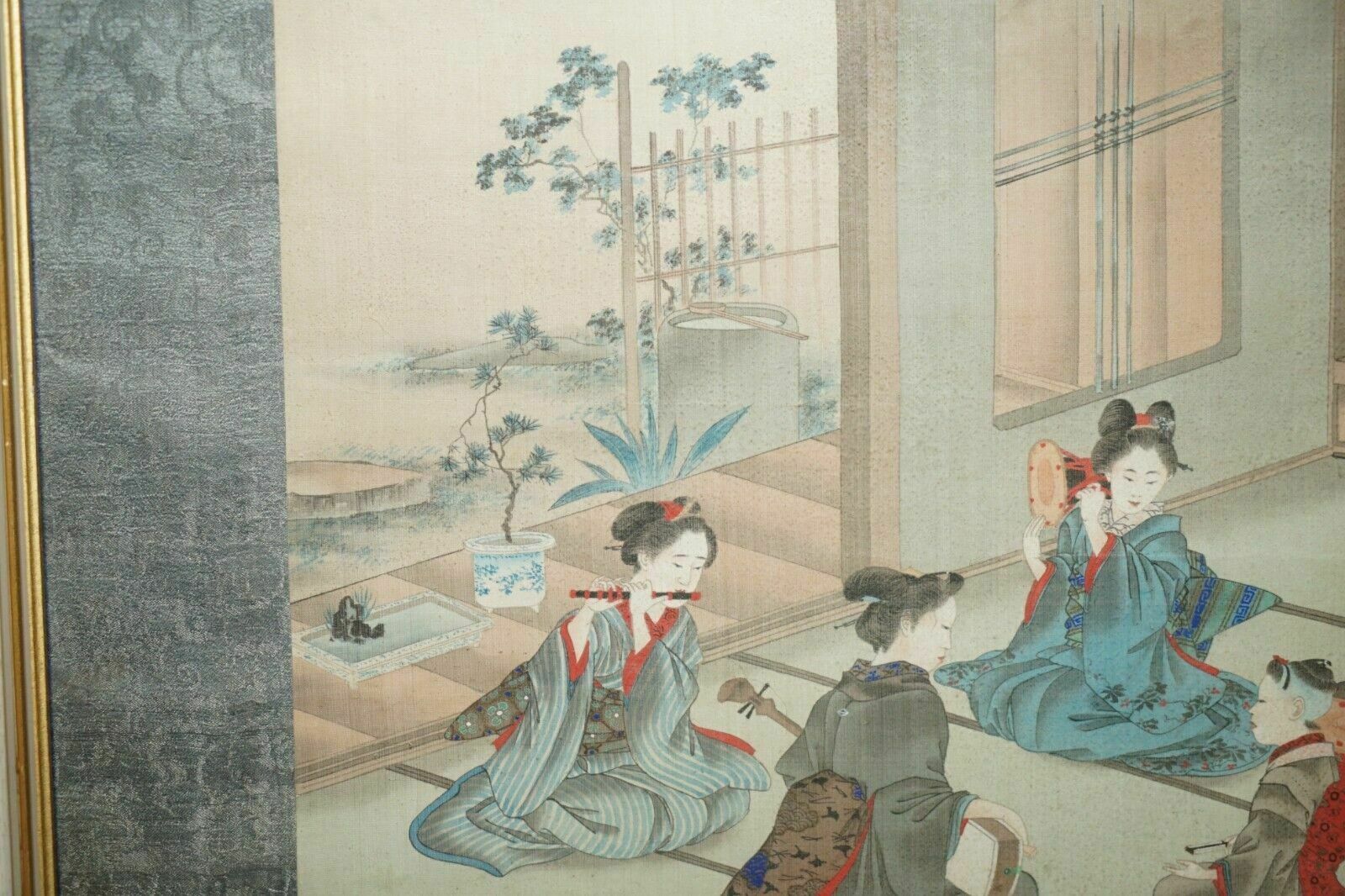 Japanese 1920's Woodblock Triptych Watercolour Print Geisha Girls Playing Music photo Art