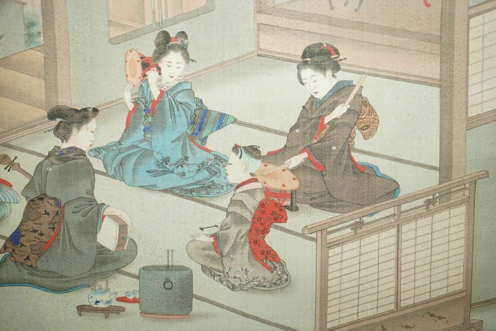 Japanese 1920's Woodblock Triptych Watercolour Print Geisha Girls Playing Music photo 295.0