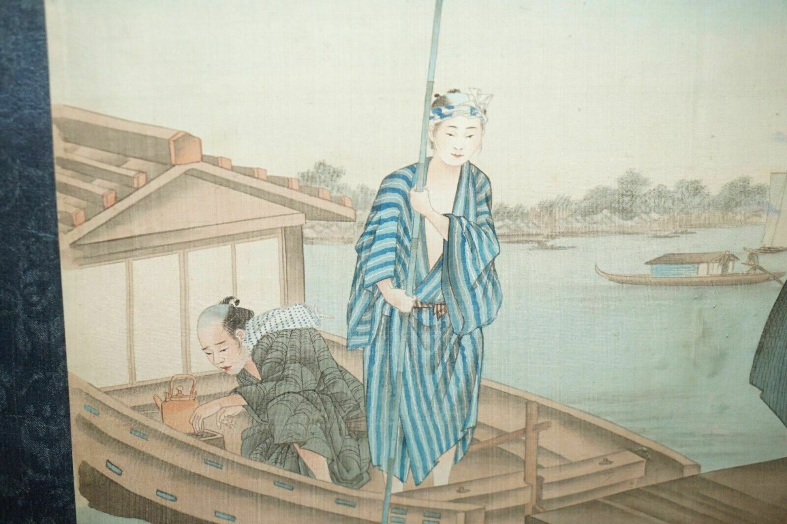 Japanese 1920 Woodblock Triptych Watercolour Print Of Geisha Girls Boaring Boat photo vinterior