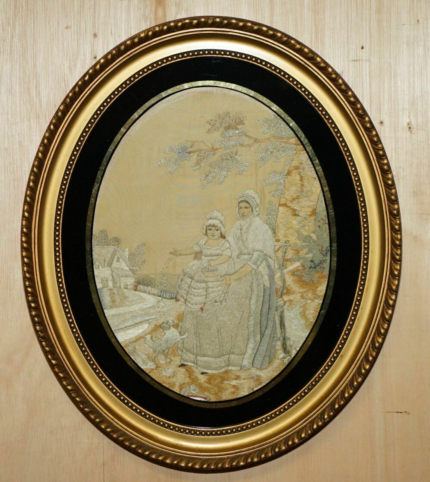 Stunning Detail 18th Century Oval Framed Silk Work Tapestry Gold Gilt Frame