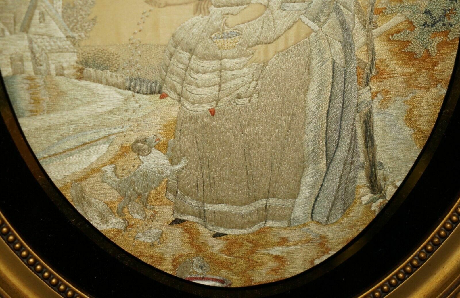 Stunning Detail 18th Century Oval Framed Silk Work Tapestry Gold Gilt Frame photo 895.0