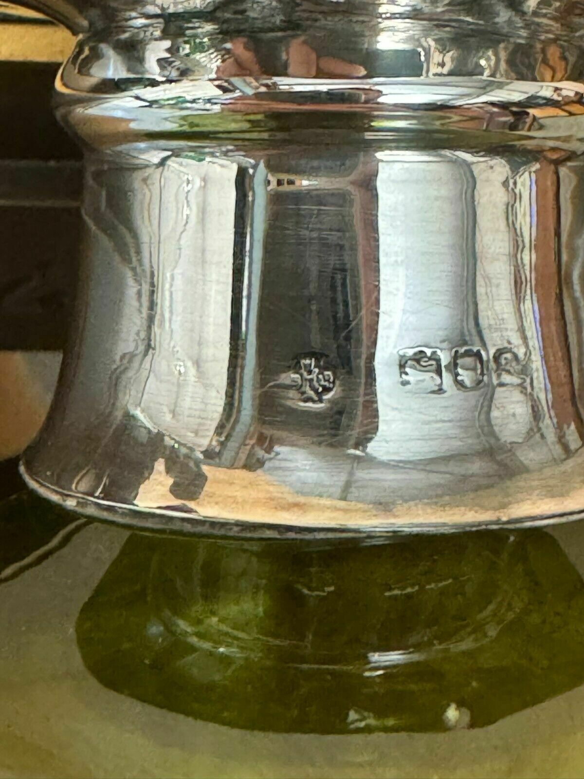 photo furniture William Hutton Antique Green Wine Port Spirit Decanter Sterling Silver Collar
