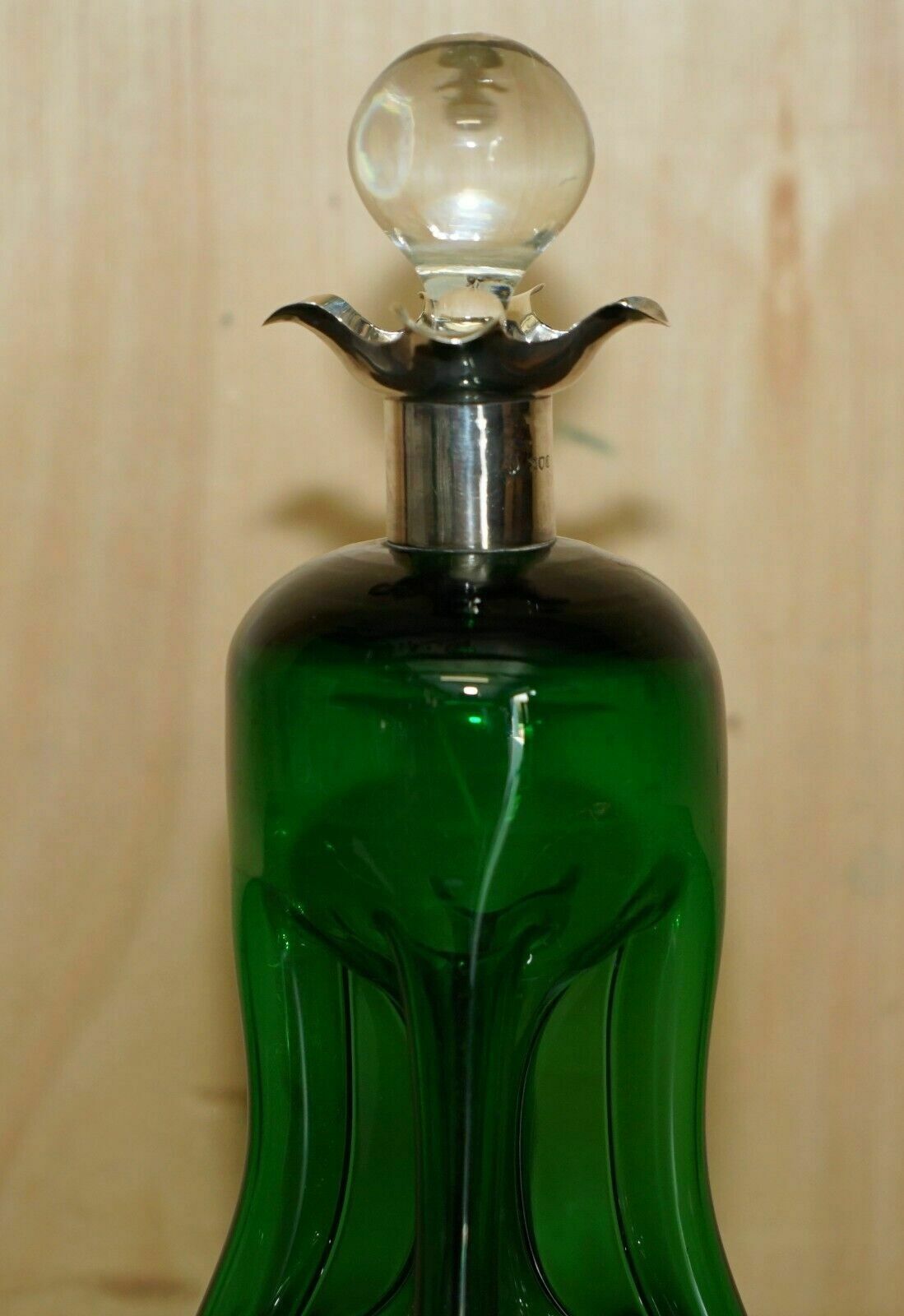 1896 Gibson  & Lawrence Antique Green Wine Port Decanter Sterling Silver Collar photo vintage
