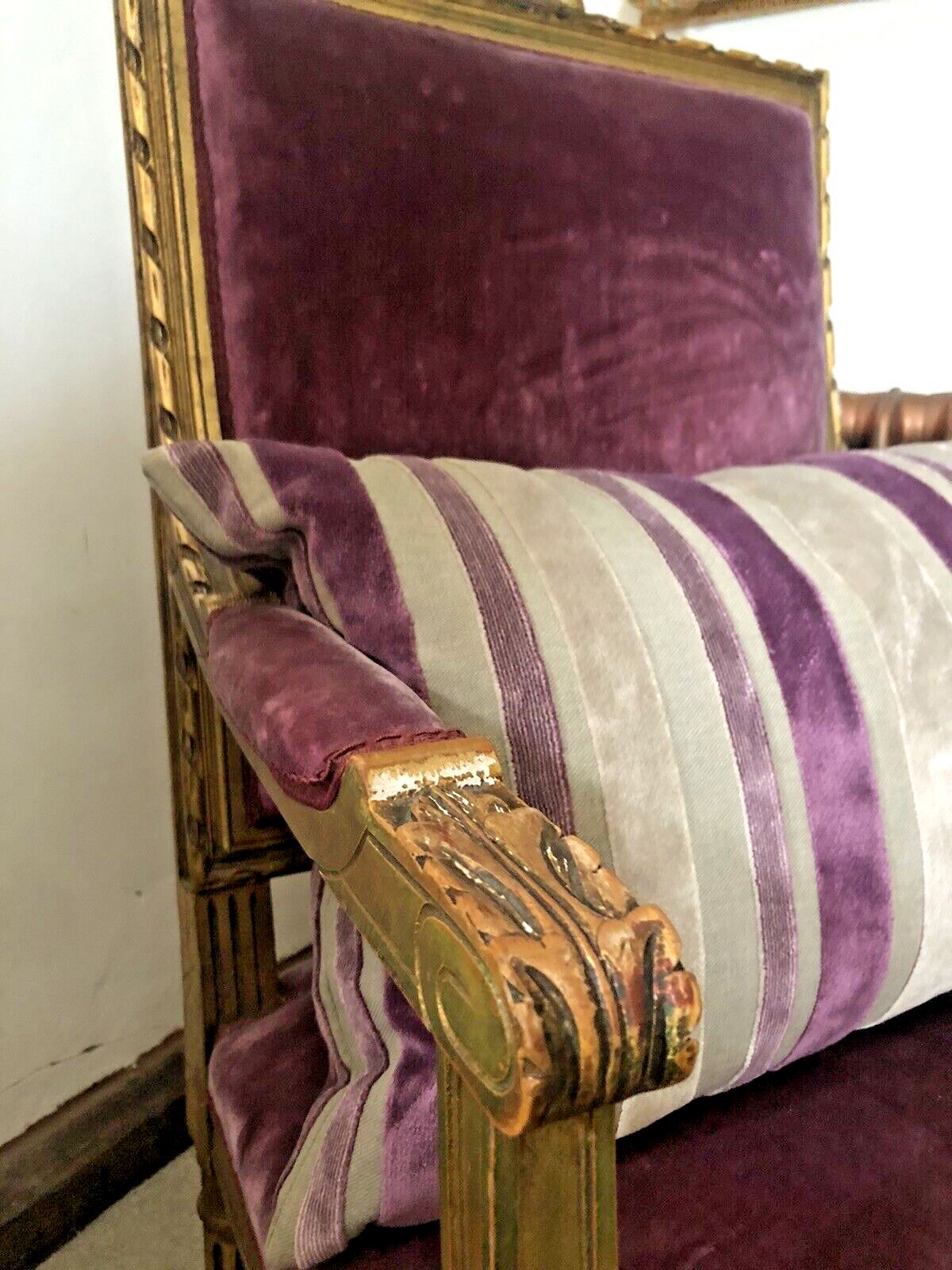 Furniture Antique French Empire Orchid Distressed Gold Giltwood Throne Armchairs  C1850 photo