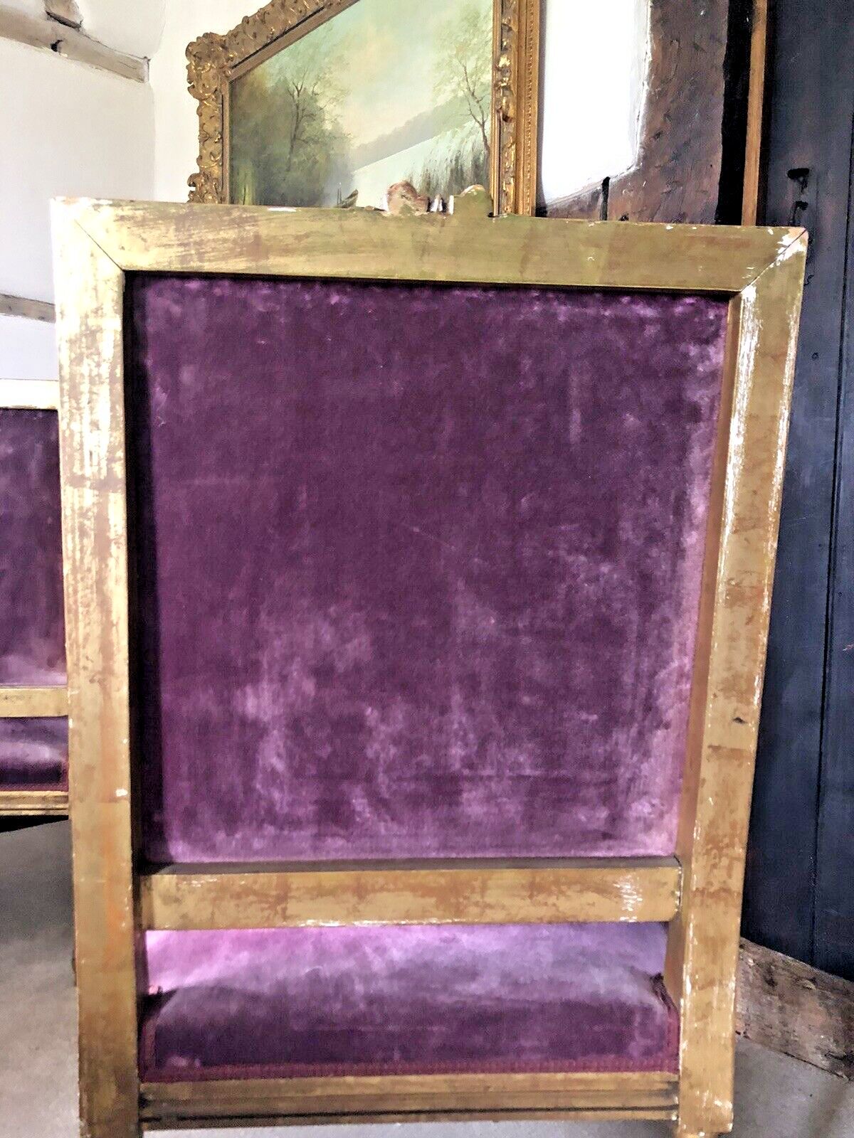 photo vintage Antique French Empire Orchid Distressed Gold Giltwood Throne Armchairs  C1850