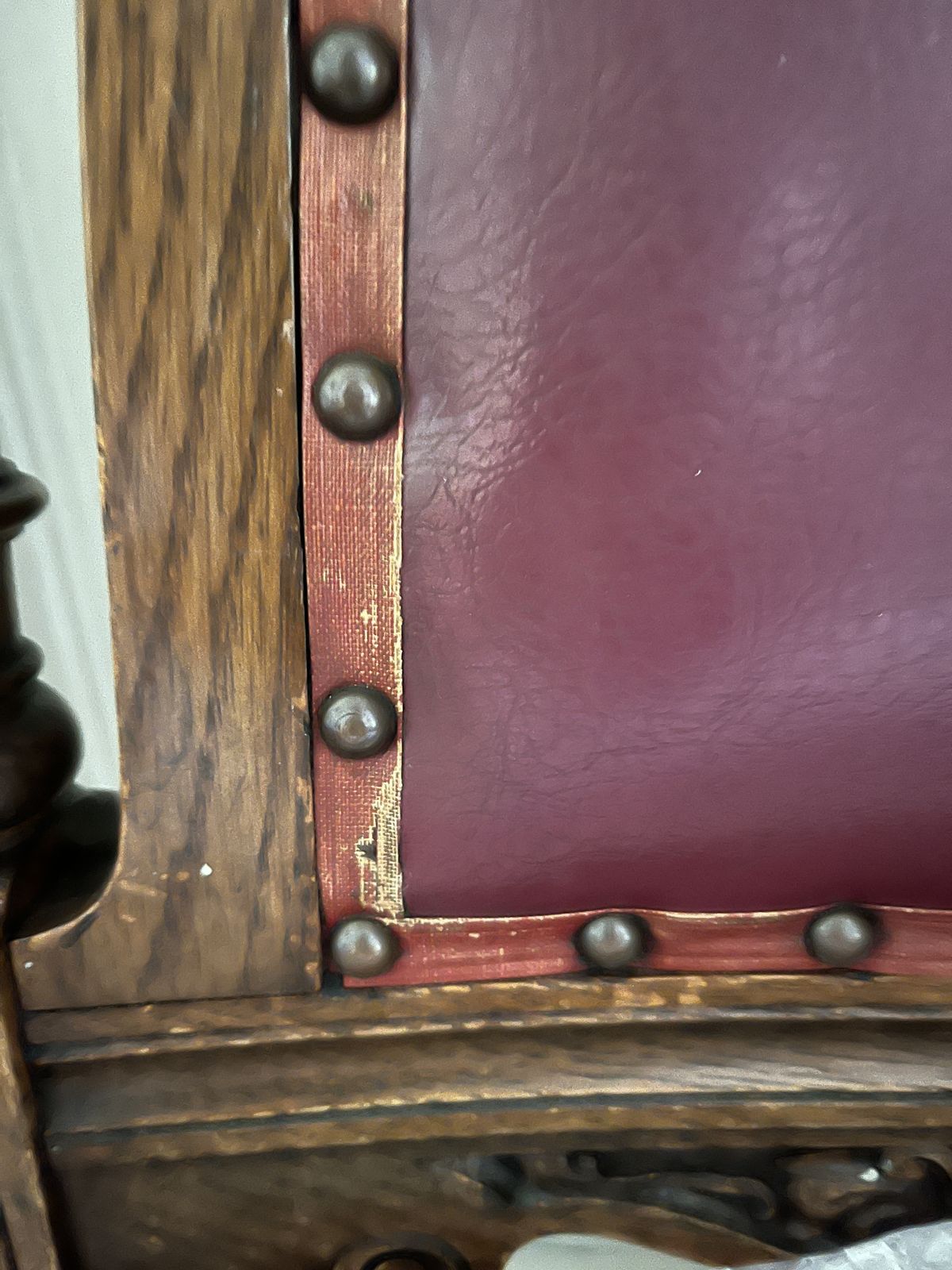 2 Edwardian Style Chairs With Red Leather And Ornate Carvings photo vinterior