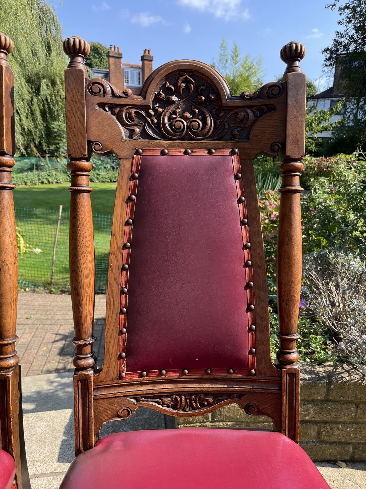 2 Edwardian Style Chairs With Red Leather And Ornate Carvings photo vintage