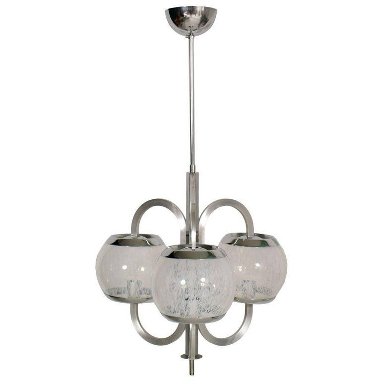 1960s Chromed Aluminium Chandelier With Three Large Murano Pulegoso Glass