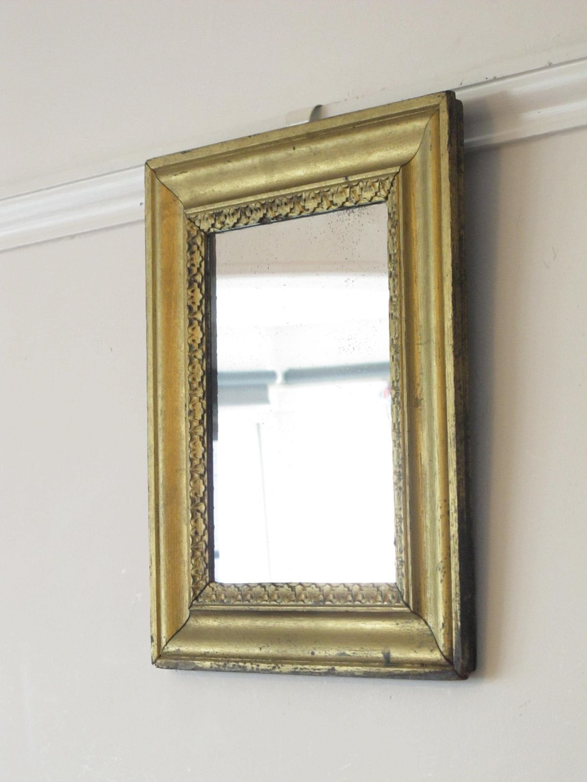 Antique, Arts And Crafts, Rectangular Oak Framed Mirror. Worn Gold Paint   Ready To Hang With New Chain. photo for sale