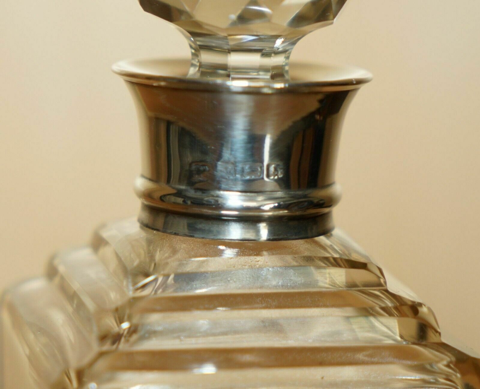 Fine 1906 Antique Edwardian Whisky Spirit Decanter With Sterling Silver Collar photo vinterior