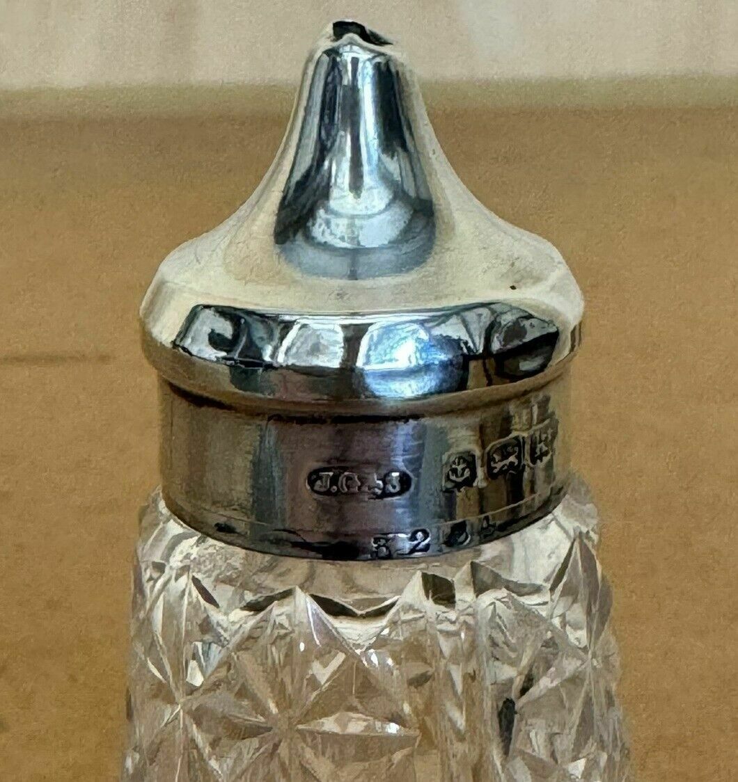 Home Decor Antique 1909 John Grinsell & Sons Sterling Silver Cut Glass Crystal Salt Shaker photo