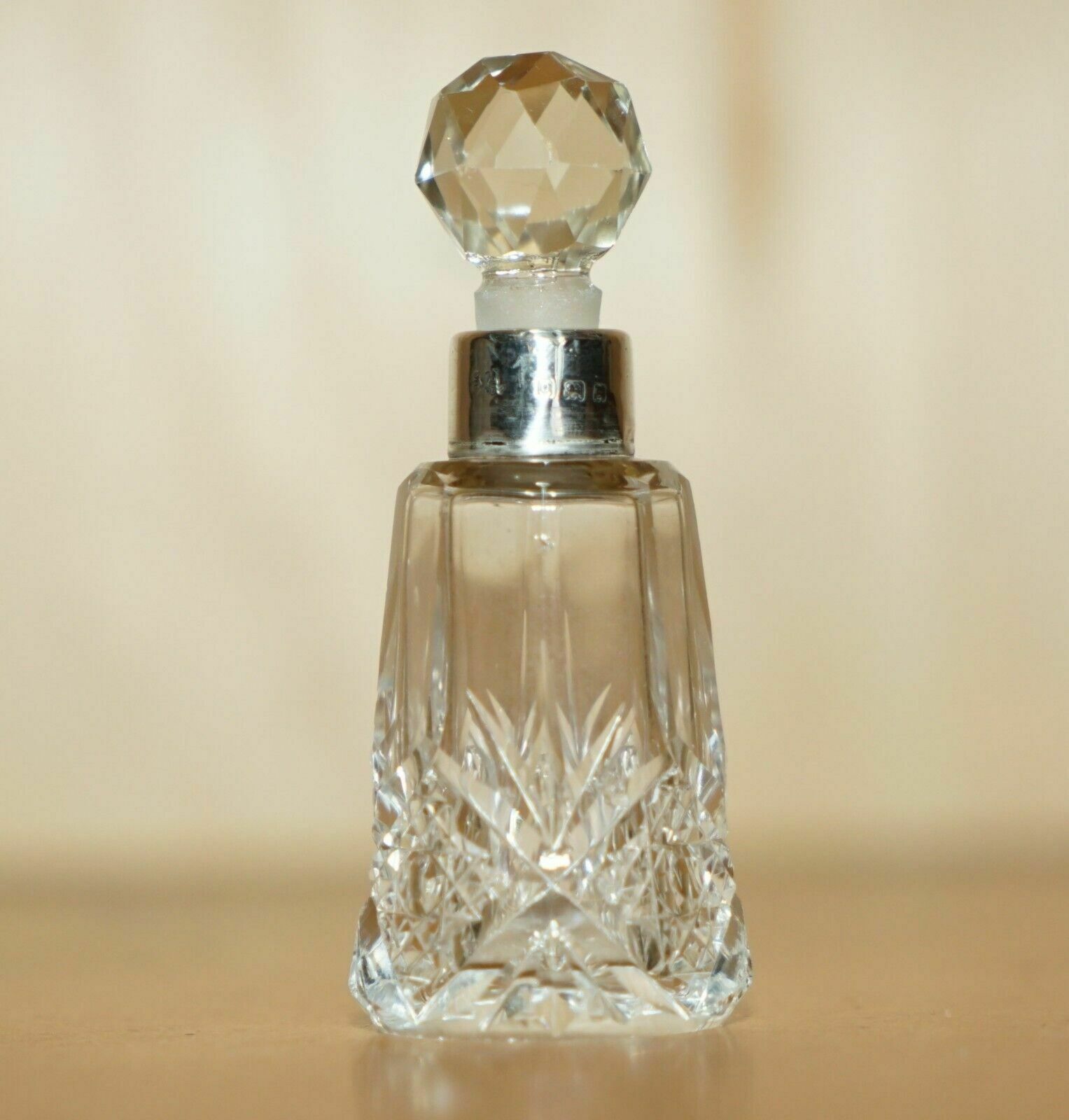 Minature 1929 Antique Perfume Bottle Flask Cut Glass Crystal Sterling Silver