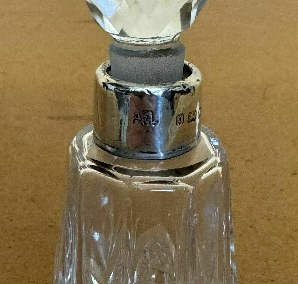 Minature 1929 Antique Perfume Bottle Flask Cut Glass Crystal Sterling Silver photo vintage
