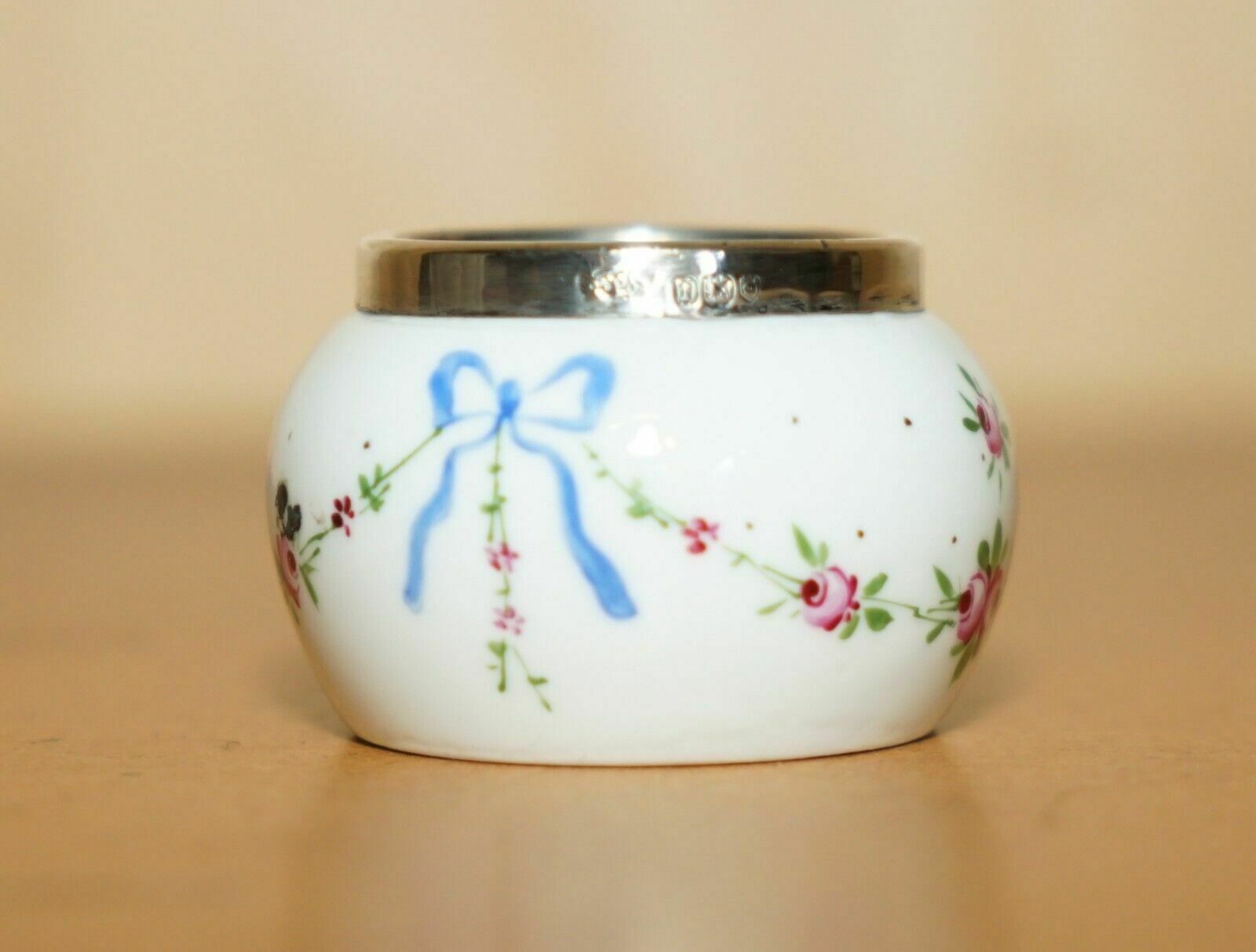 Minature Robert Pringle Antique Porcelain Trinket Pot With Sterling Silver Trim