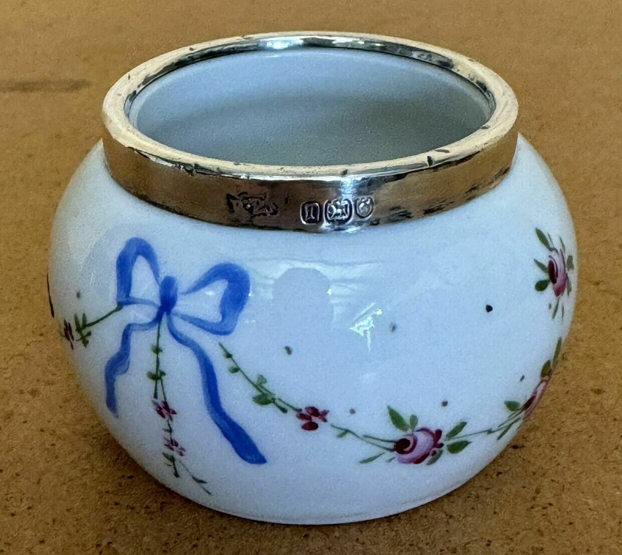 photo for sale Minature Robert Pringle Antique Porcelain Trinket Pot With Sterling Silver Trim