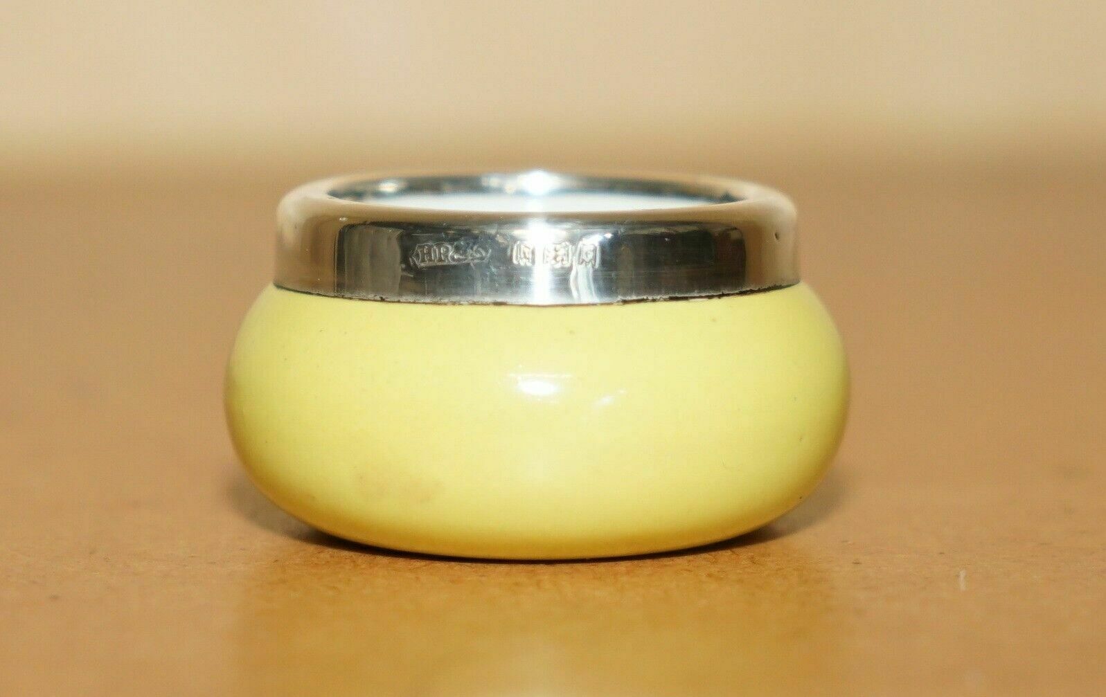Minature Henry Perkins & Sons Antique Porcelain Trinket Pot Sterling Silver Trim
