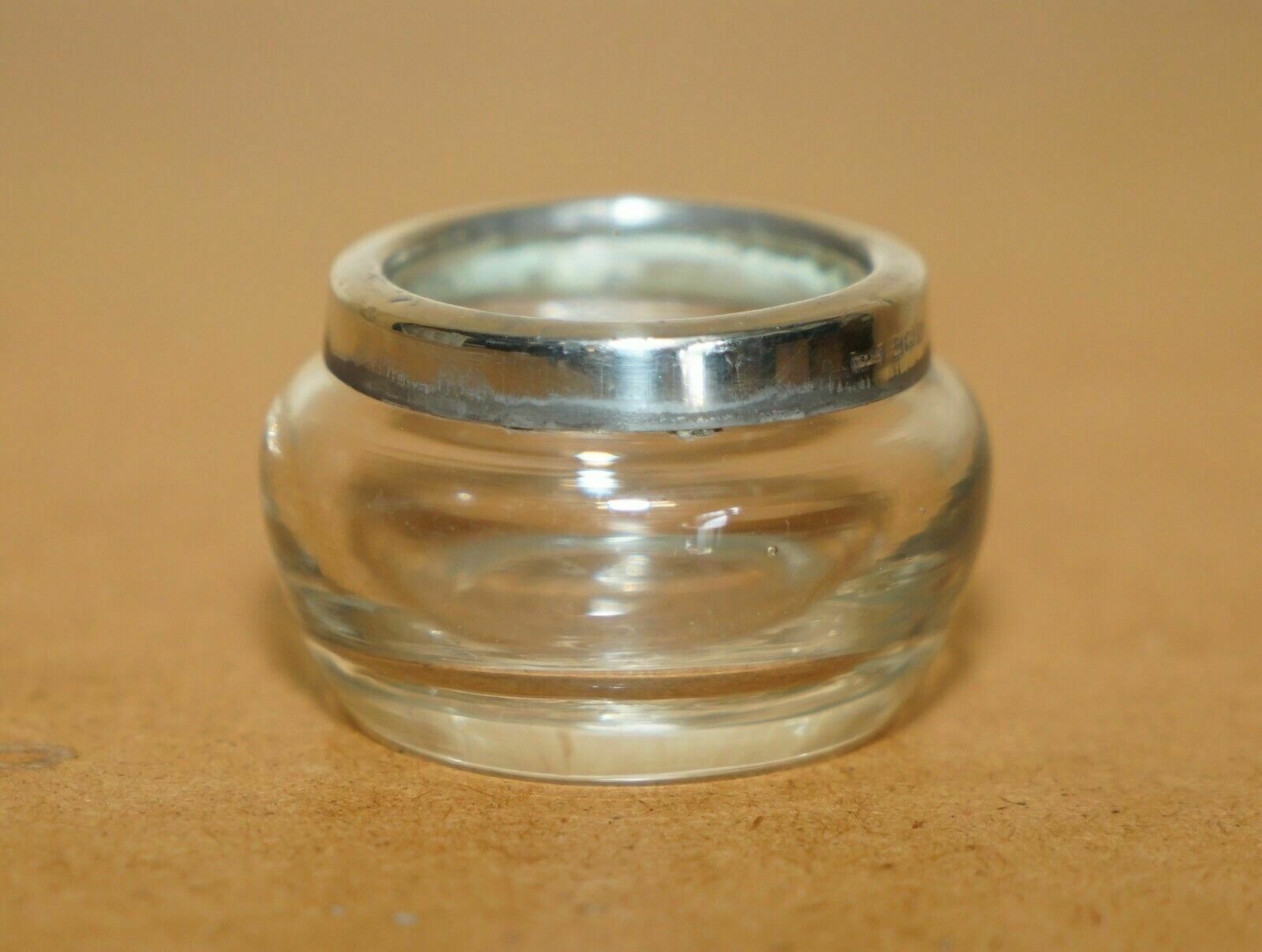 Minature Henry W Batty & Sons Antique Glass Trinket Pot Sterling Silver Trim photo for sale