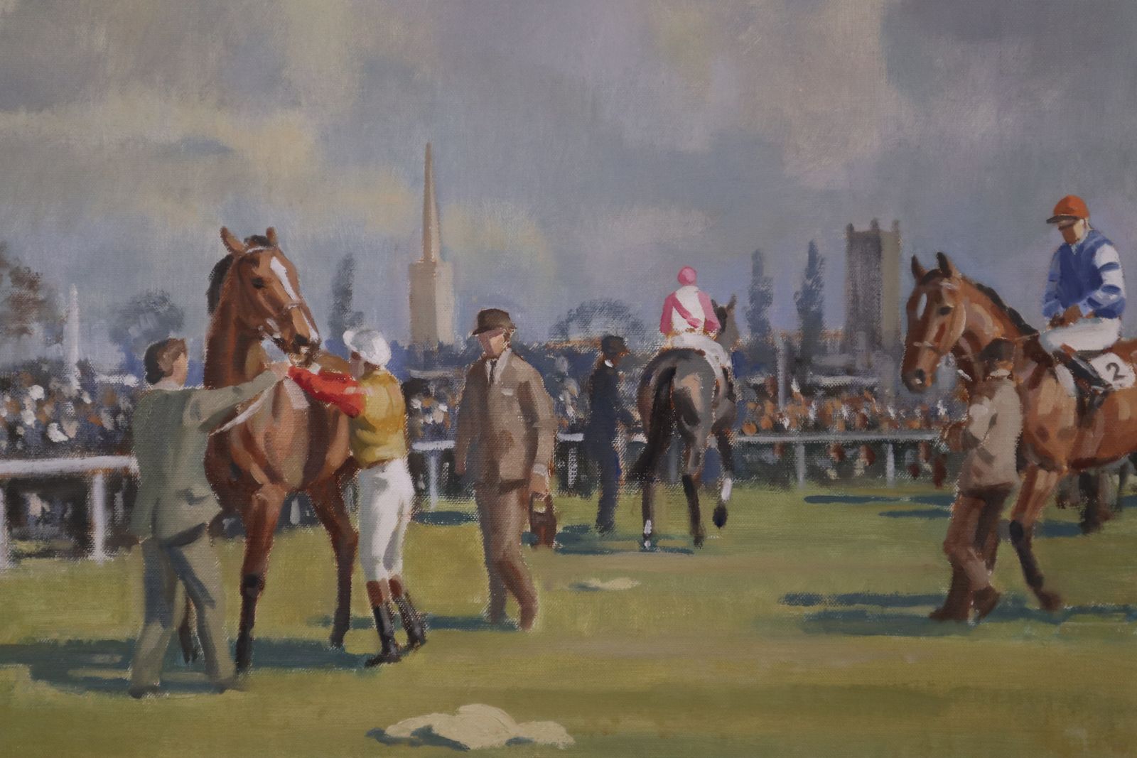 photo for sale 'Jockeys Get Mounted' By Neil Cawthorne ( 1936 2022) Framed Oil On Canvas Original Painting
