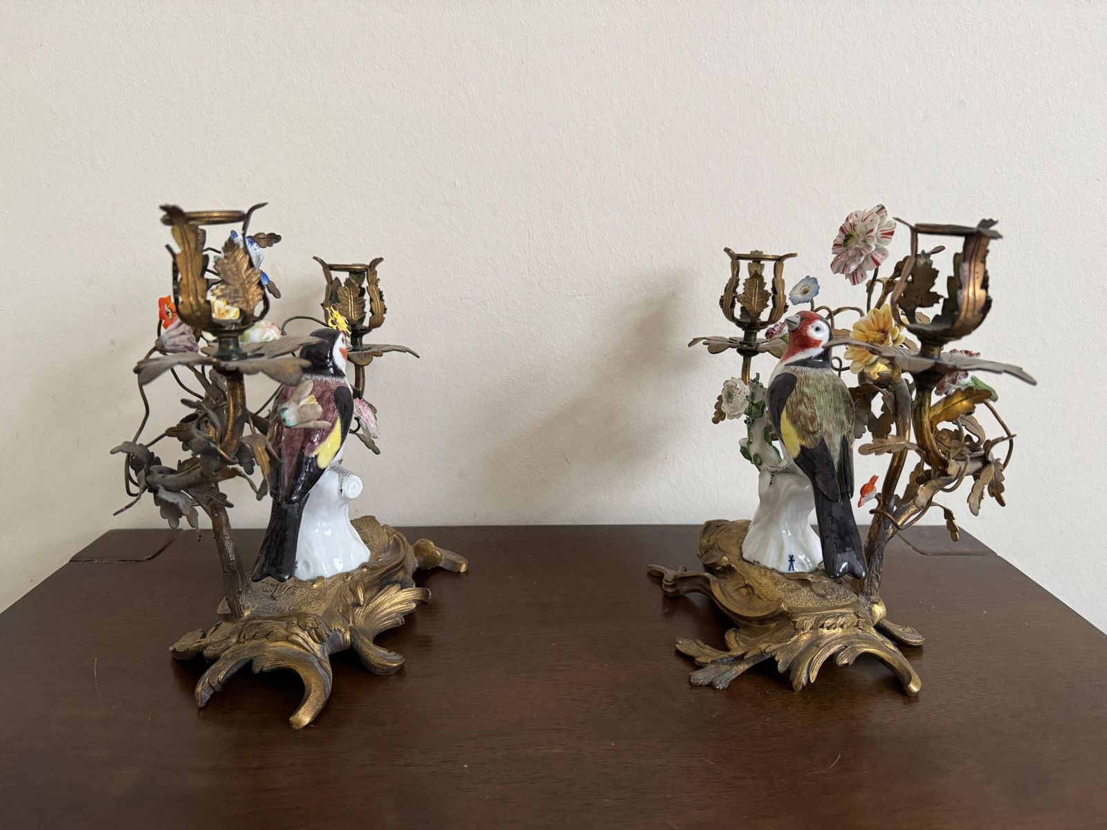 19th Century Pair Of Porcelain Birds In Ormolu Candelabra photo for sale