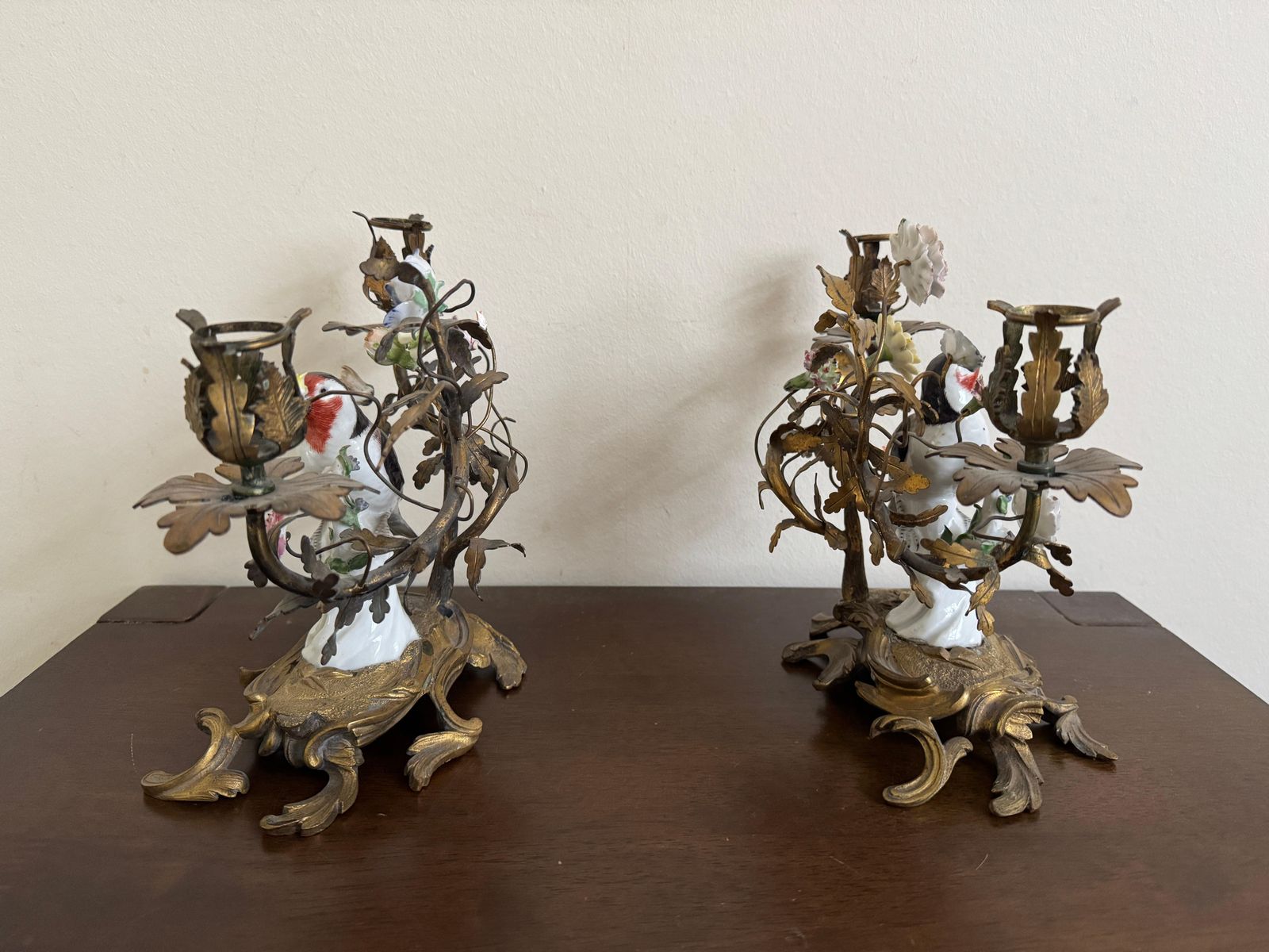 19th Century Pair Of Porcelain Birds In Ormolu Candelabra photo vintage