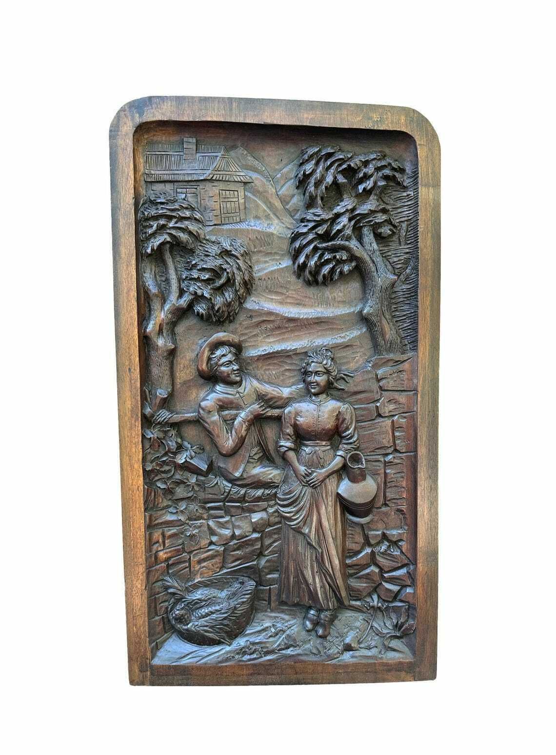 French Antique Architectural Romantic Peasant Scene Carved Wood Wall Panel 19th