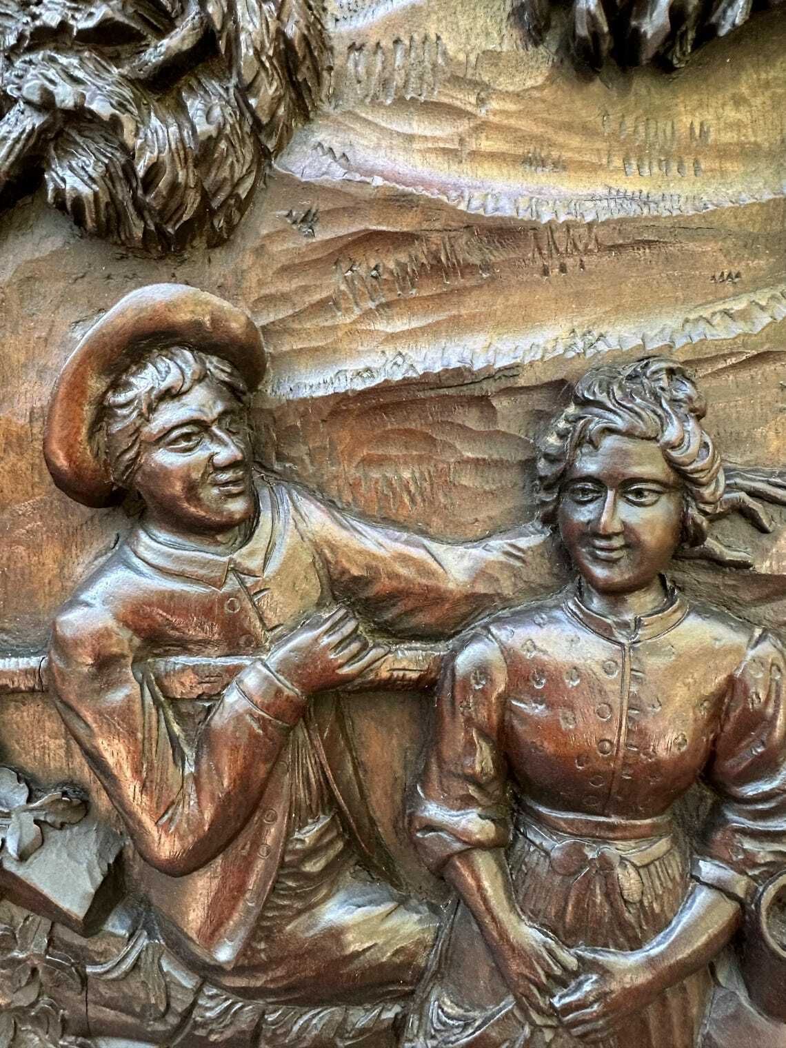 French Antique Architectural Romantic Peasant Scene Carved Wood Wall Panel 19th photo 456.0
