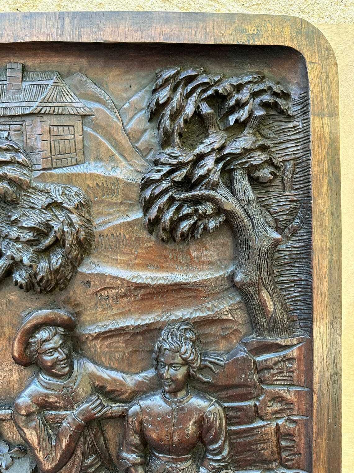 French Antique Architectural Romantic Peasant Scene Carved Wood Wall Panel 19th photo vinterior