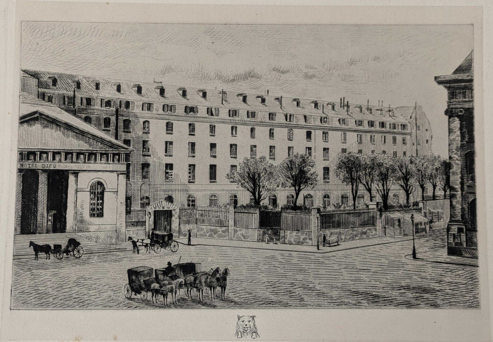 Antique French Etching By Apeux Of The Hospital Dieu Paris, Eau Forte Hôtel Dieu, Art Engraving photo furniture