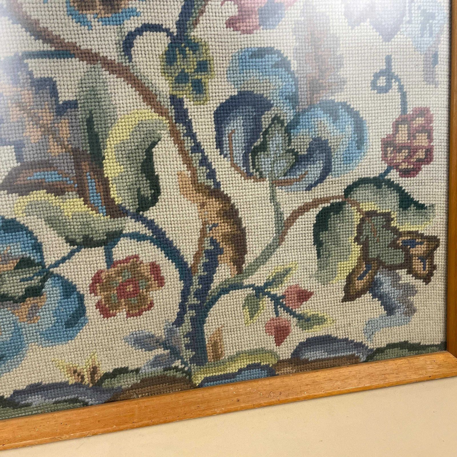 Flower Tree Embroidered Hand Stitched Floral Picture Wall Art Large Cottage Green Blue Fabric Textile Wood Frame Large photo for sale