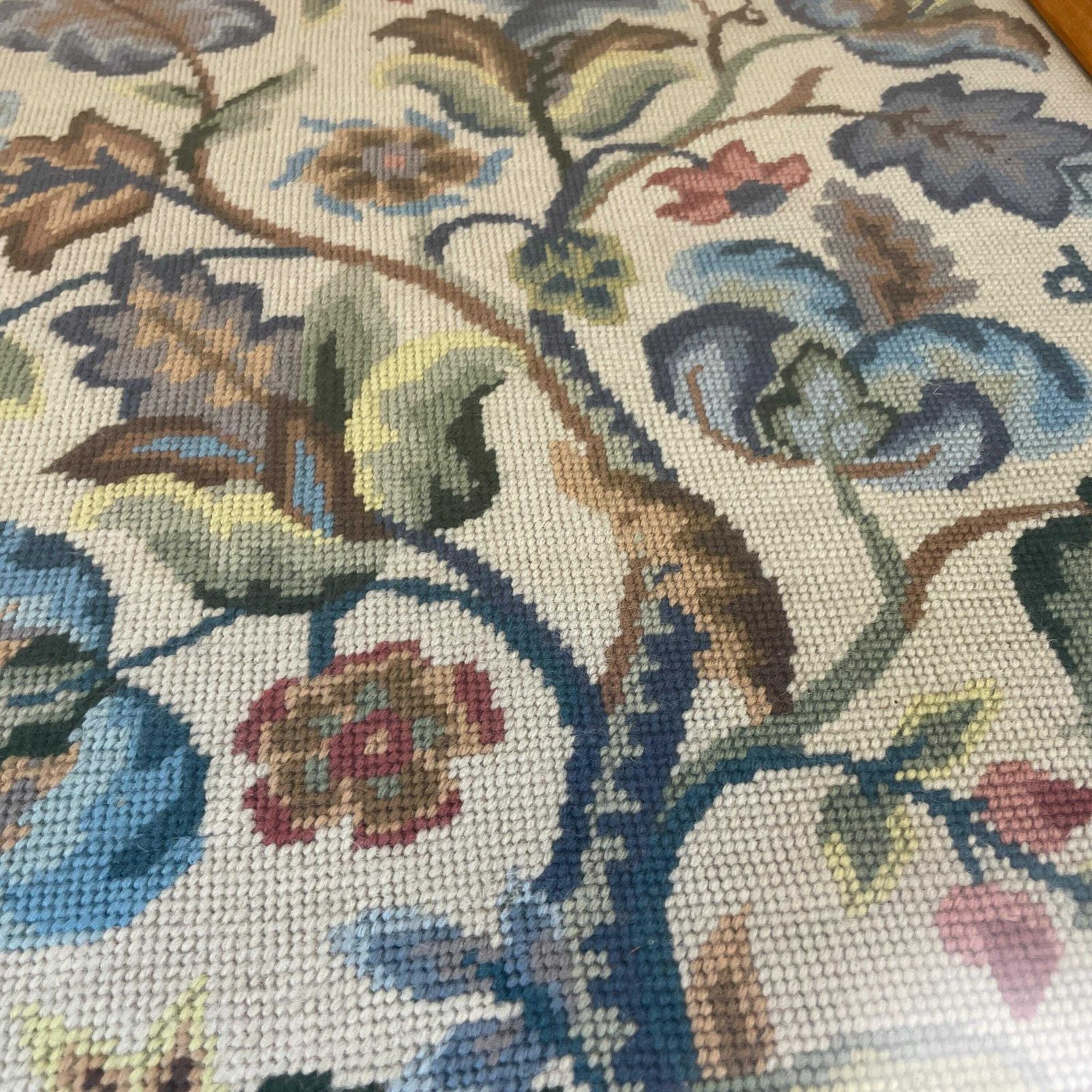 Flower Tree Embroidered Hand Stitched Floral Picture Wall Art Large Cottage Green Blue Fabric Textile Wood Frame Large photo vintage
