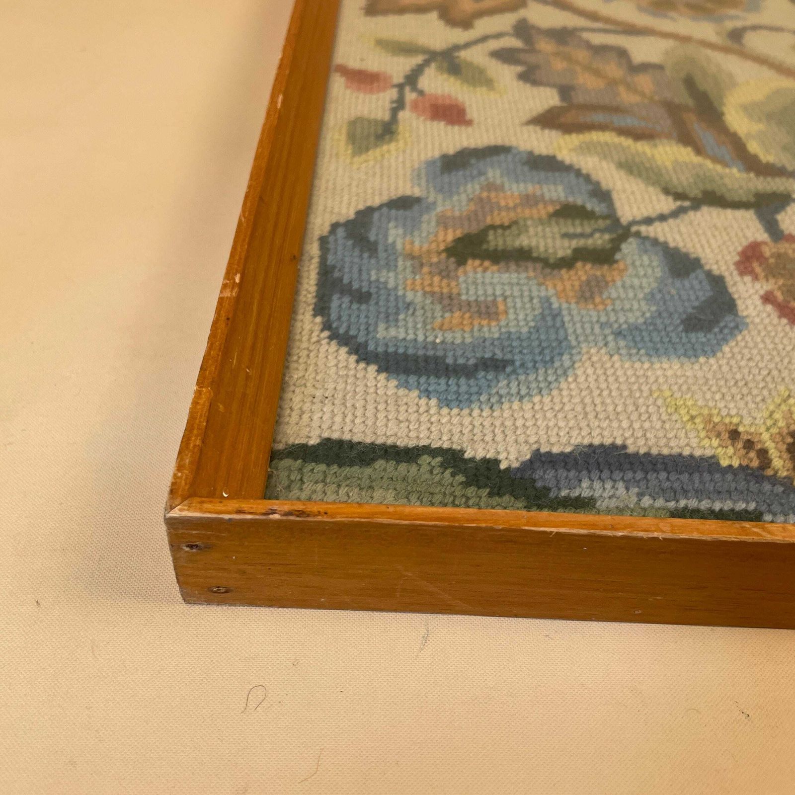 photo furniture Flower Tree Embroidered Hand Stitched Floral Picture Wall Art Large Cottage Green Blue Fabric Textile Wood Frame Large