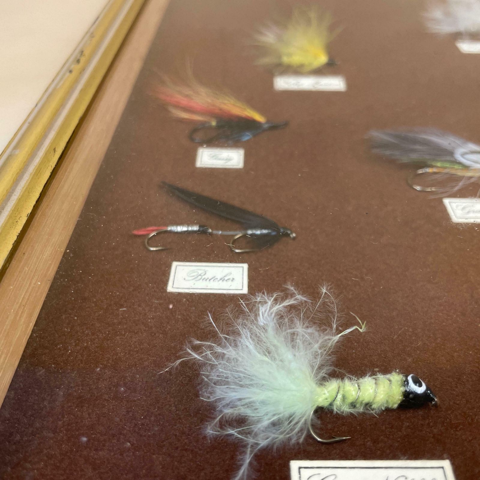 Framed Fishing Flies Lures Display Vintage Antique Boat Wall Art X21 Pieces Gold Frame photo vinterior