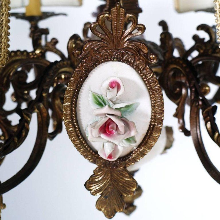 Art Nouveau Italy Six Lights Chandelier In Burnished Brass And Bassano Ceramic photo Lighting