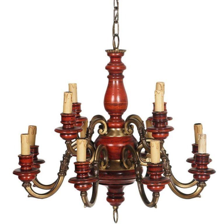 Florence Renaissance Chandelier With Twelve Lights, Bronze, Red Lacquered Wood
